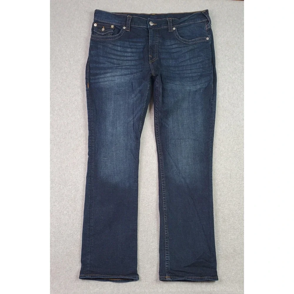 True Religion Jeans Mens 40 Dark Blue Ricky Relaxed Straight Flap Pockets Denim